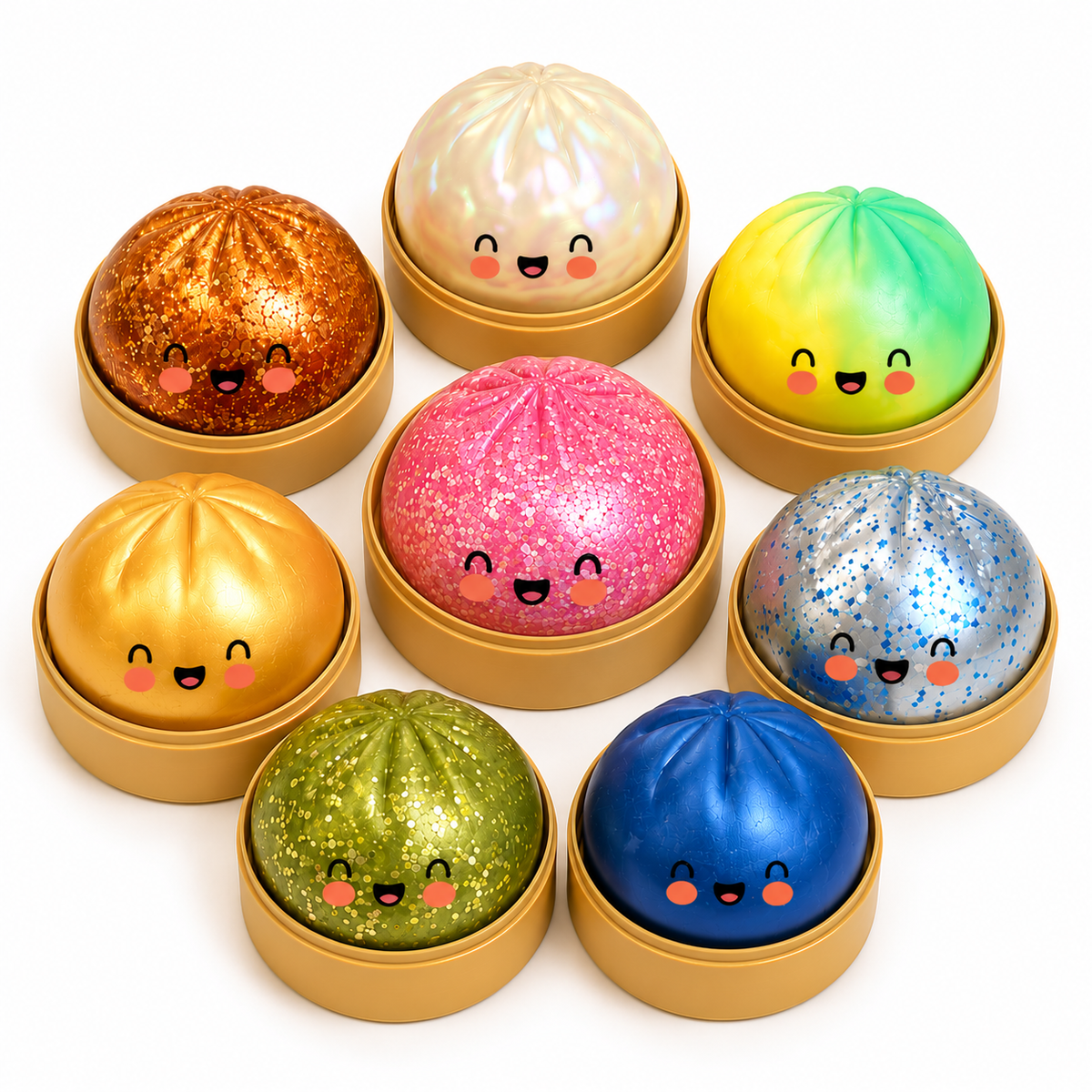Glitter Edition Dumpling Squishy - all eight glitter designs on white background