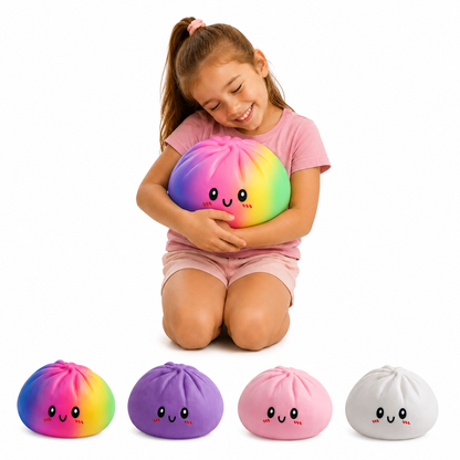 XL Dumpling Squishy - held by a child, with all four colours