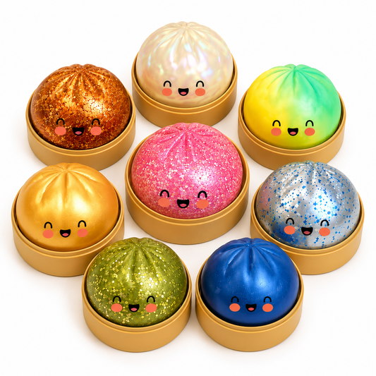 Glitter Edition Dumpling Squishy - all eight glitter designs on white background